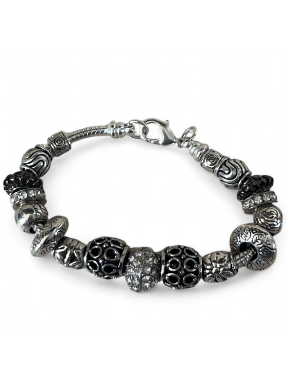 Silver Black Beaded Rhinestone Charm Bracelet